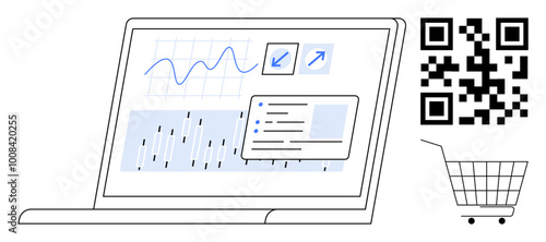 A laptop screen displays analytics graphs and charts, accompanied by a QR code and a shopping cart icon. Ideal for e-commerce, data analysis, online shopping, business intelligence, mobile payments