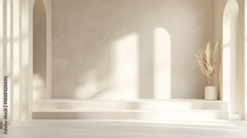 Fototapeta premium Soft white and cream background with an empty 3D-rendered stage, simple and stylish design