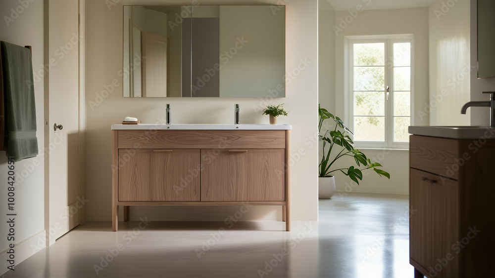 Fototapeta premium Bathroom with wooden cabinet, cozy atmosphere