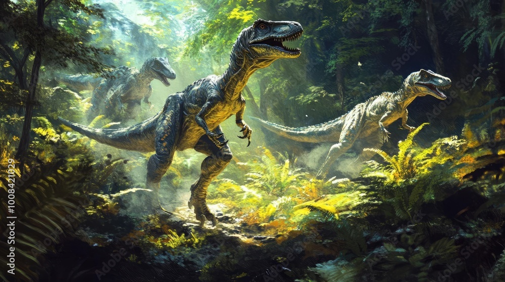 A dynamic scene depicting raptors in a lush prehistoric jungle filled with vibrant ferns and dappled sunlight. A dynamic scene depicting raptors in a lush prehistoric jungle filled with vibrant ferns and dappled sunlight.