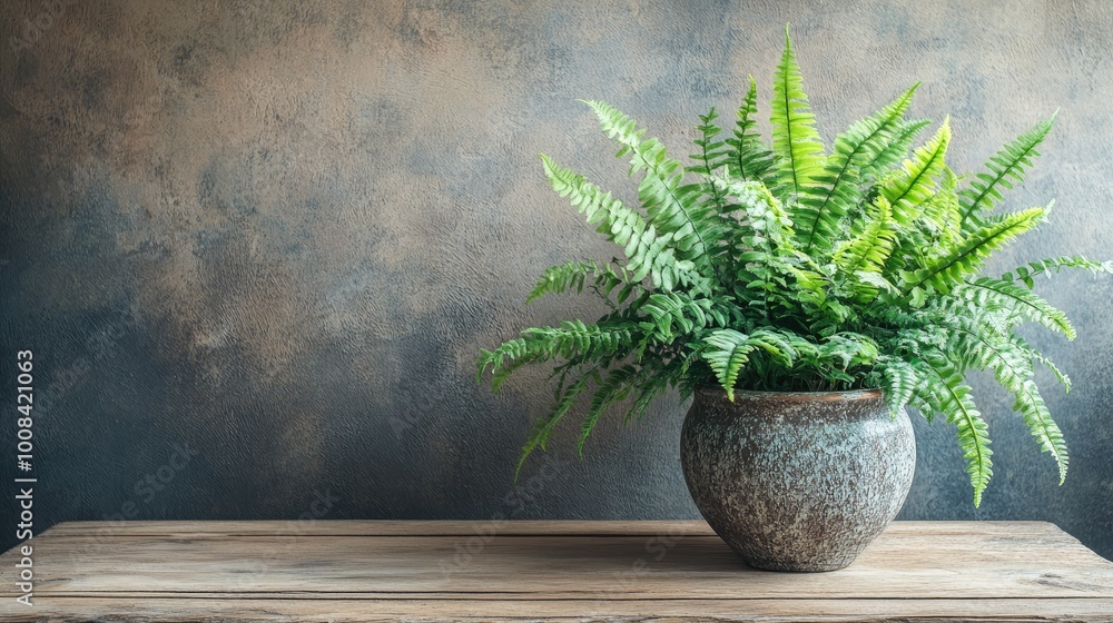 A lively green fern sits in a ceramic pot on a wooden table, the rough texture of the background wall enhancing the plant's fresh, natural beauty. A lively green fern sits in a ceramic pot on a wooden table, the rough texture of the background wall enhancing the plant's fresh, natural beauty.