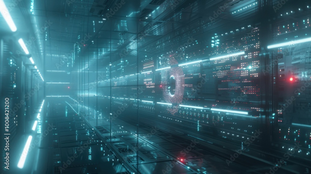 Image of a futuristic data center with rows of servers and a hologram of AI data analytics. Image of a futuristic data center with rows of servers and a hologram of AI data analytics.