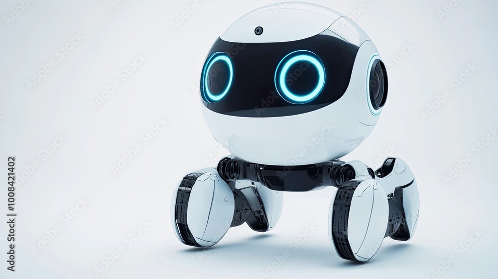 Futuristic White Robot with Blue Glowing Eyes and Wheels Futuristic White Robot with Blue Glowing Eyes and Wheels