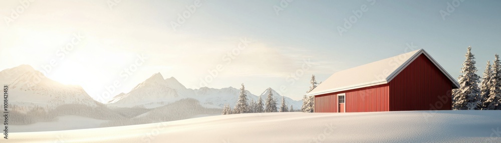 Red barn in snowy landscape with mountains and sun glowing in the background. Red barn in snowy landscape with mountains and sun glowing in the background.