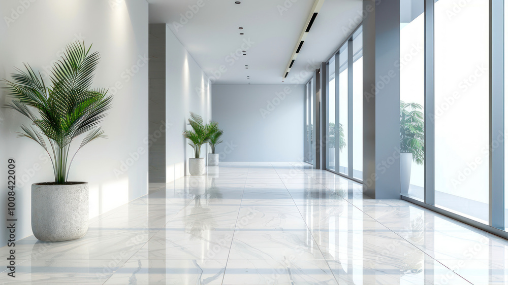 Fototapeta premium Front view of wide empty white wall in a hallway in a modern office, bright natural light, neutral tones