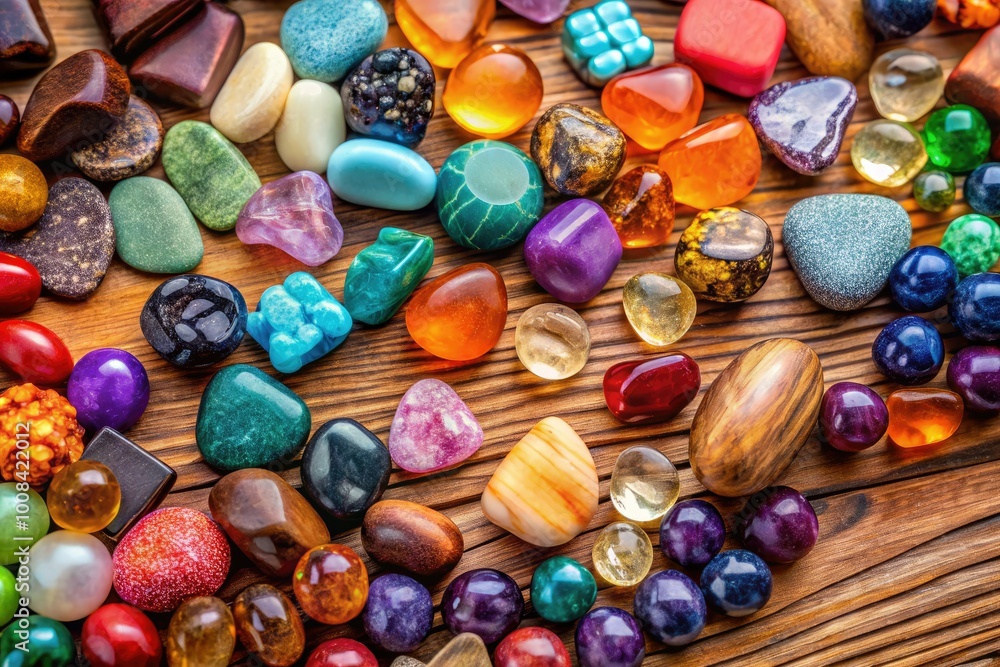 A dazzling collection of natural gemstones and distinctive rocks elegantly showcased on a wooden surface, ideal for sparking inspiration in your jewelry crafting endeavors. A dazzling collection of natural gemstones and distinctive rocks elegantly showcased on a wooden surface, ideal for sparking inspiration in your jewelry crafting endeavors.