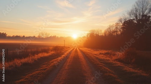 Sun setting behind a field of trees, a dirt road leading into the distance, creating a serene scene.