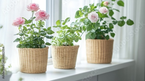 A minimalistic home setup with green indoor plants and blooming roses in wicker baskets on a white windowsill. Perfectly styled for a fresh vibe.