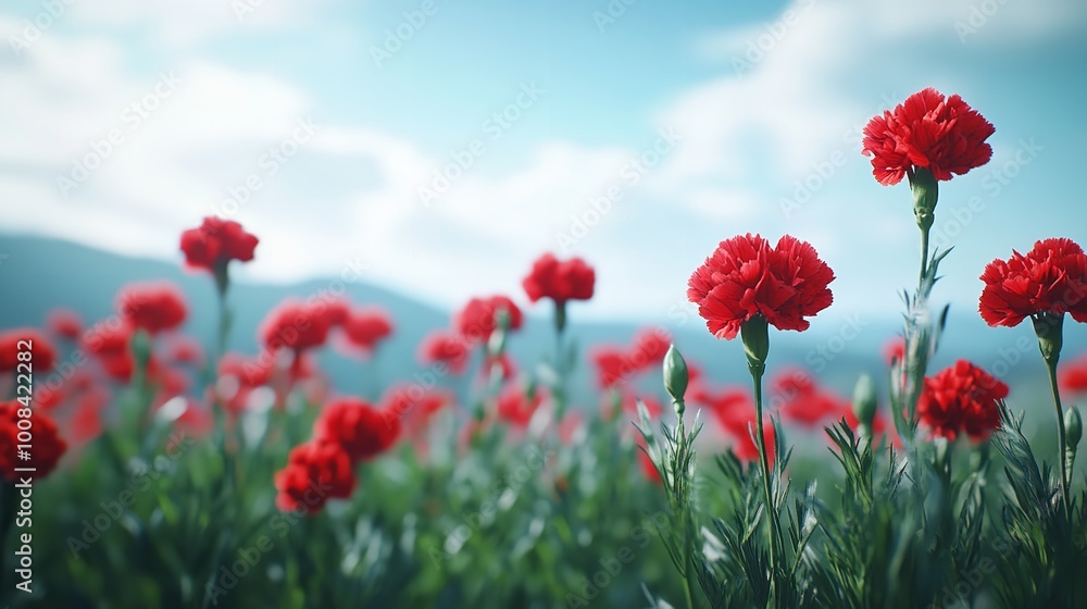 Close-Up View of Lovely Red Carnations Blooming - Oil Painting Close-Up View of Lovely Red Carnations Blooming - Oil Painting