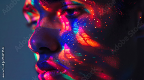 Close-up of a face illuminated by colorful light patterns.