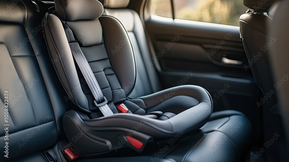 A modern child safety seat, empty and ready for use, securely installed in the backseat of a car, featuring durable materials and advanced safety straps. A modern child safety seat, empty and ready for use, securely installed in the backseat of a car, featuring durable materials and advanced safety straps.