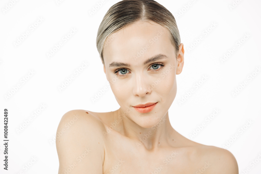 A portrait of a young, beautiful woman with perfectly smooth skin against a white background. This image embodies tenderness and sensuality, highlighting the essence of natural beauty and skincare. A portrait of a young, beautiful woman with perfectly smooth skin against a white background. This image embodies tenderness and sensuality, highlighting the essence of natural beauty and skincare.
