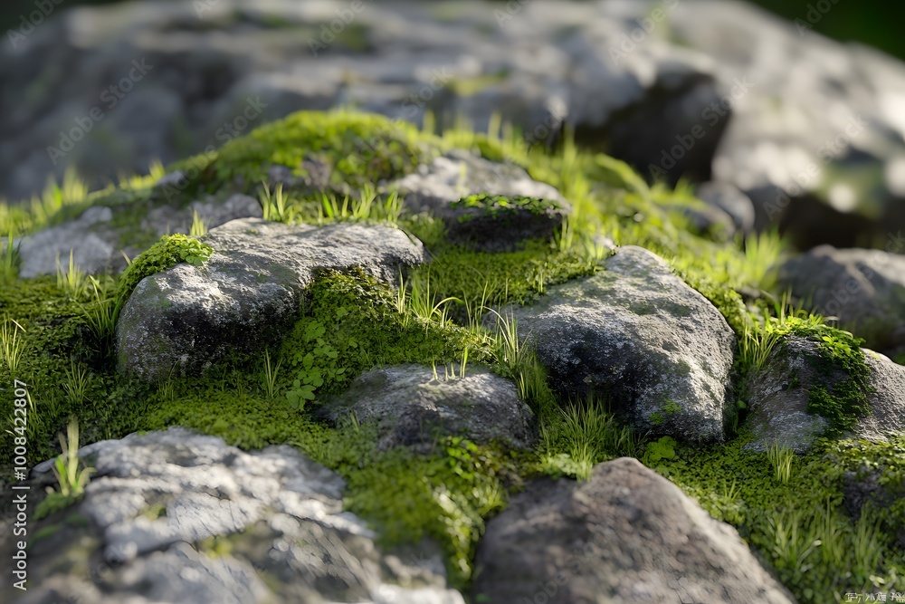 Naklejka premium Close-up of moss-covered rocks with small grass sprouts.