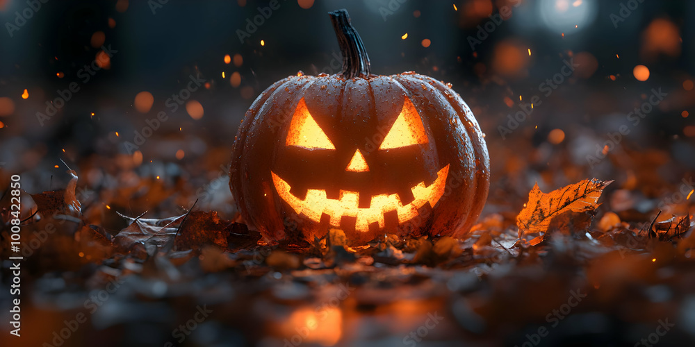 Glowing Halloween Pumpkin Illustration Amidst Autumn Leaves Glowing Halloween Pumpkin Illustration Amidst Autumn Leaves