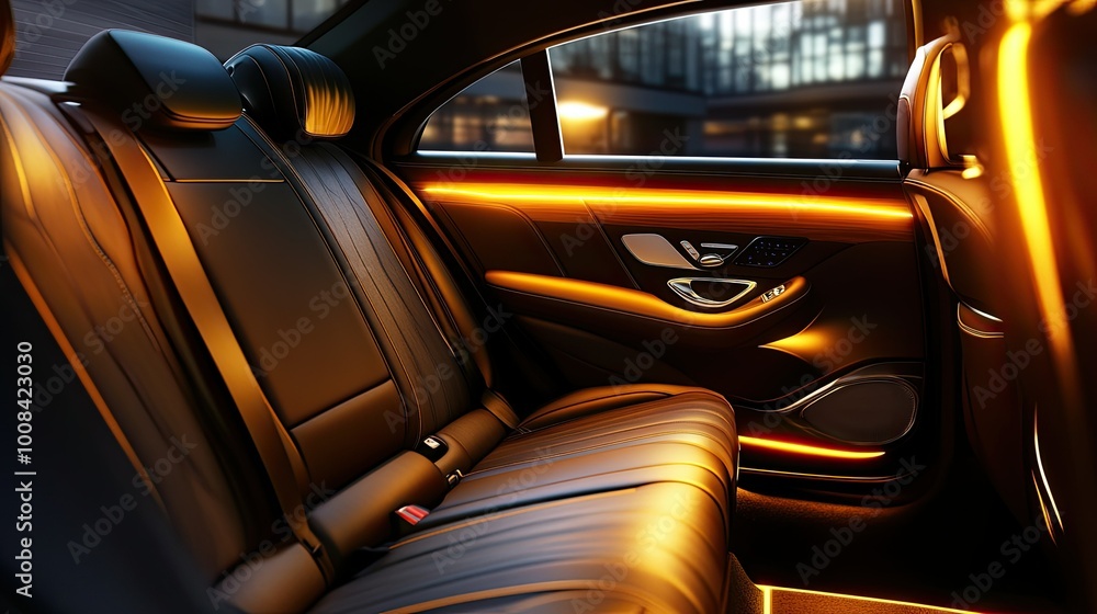 A modern, sleek luxury car back seat with adjustable leather seating, wood trim, and soft ambient lighting. High-end, executive interior detail. A modern, sleek luxury car back seat with adjustable leather seating, wood trim, and soft ambient lighting. High-end, executive interior detail.