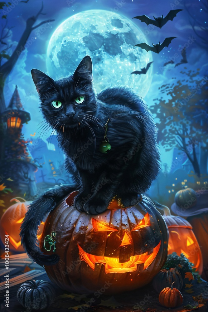 Black Cat on Jack-O'-Lantern with Full Moon Background Black Cat on Jack-O'-Lantern with Full Moon Background
