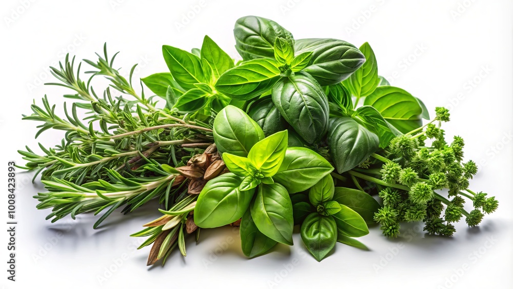A beautiful arrangement of thyme and basil spices against a white table backdrop, enhanced by a transparent shadow A beautiful arrangement of thyme and basil spices against a white table backdrop, enhanced by a transparent shadow