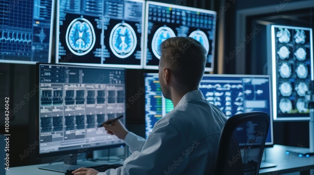 Image of researchers in a lab analyzing medical images generated by AI on a computer screen. Image of researchers in a lab analyzing medical images generated by AI on a computer screen.