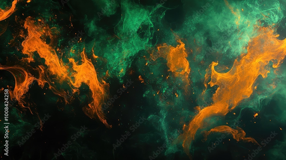 Obraz premium A burst of chaotic shapes in neon green and orange, set against a smoky black background, creating an unsettling, abstract Halloween scene.