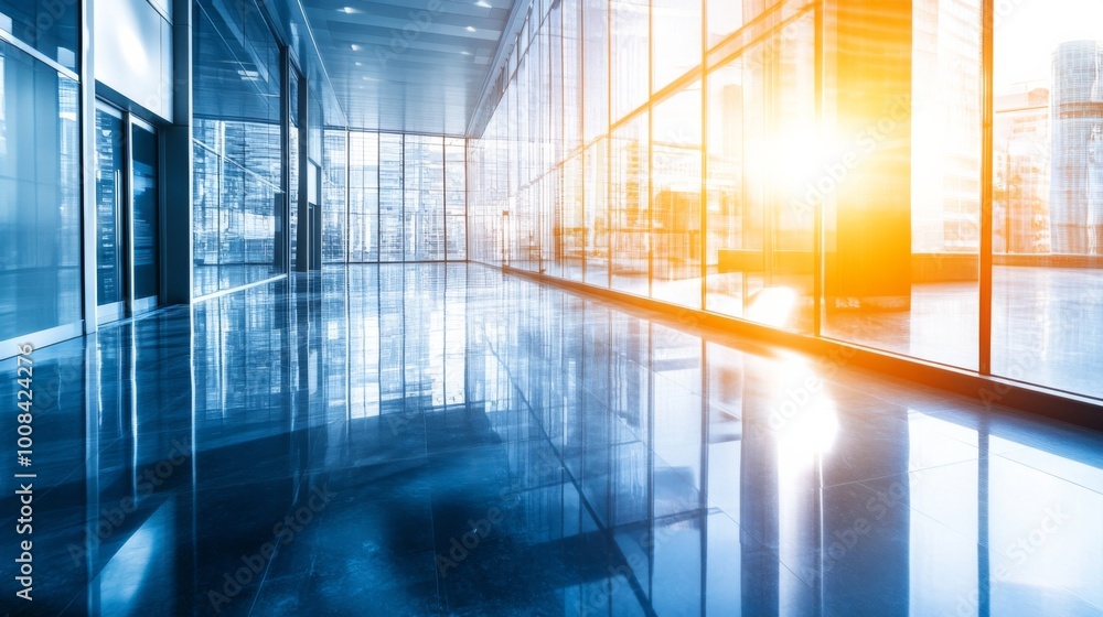 Modern Office Lobby with Glass and Bright Sunlight Modern Office Lobby with Glass and Bright Sunlight