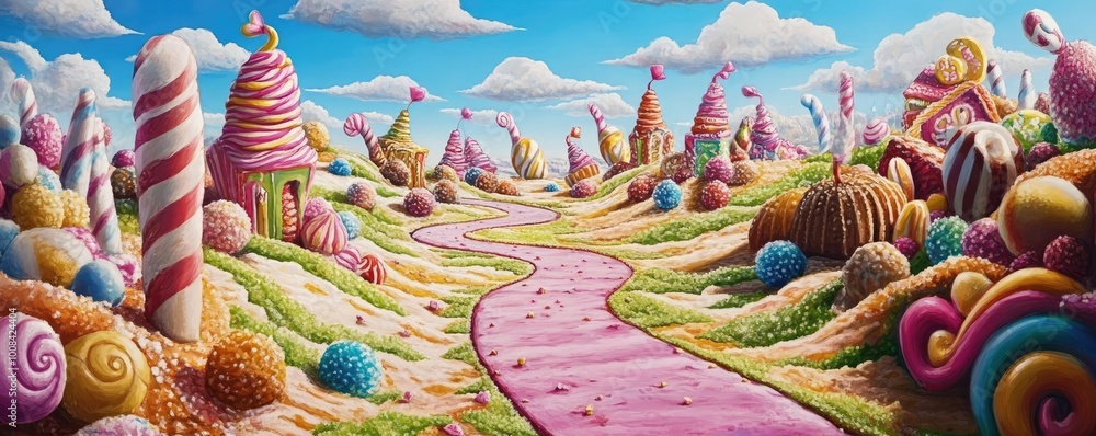 A whimsical candy land filled with colorful sweets, candy trees, and playful landscapes, perfect for children's imagination. A whimsical candy land filled with colorful sweets, candy trees, and playful landscapes, perfect for children's imagination.