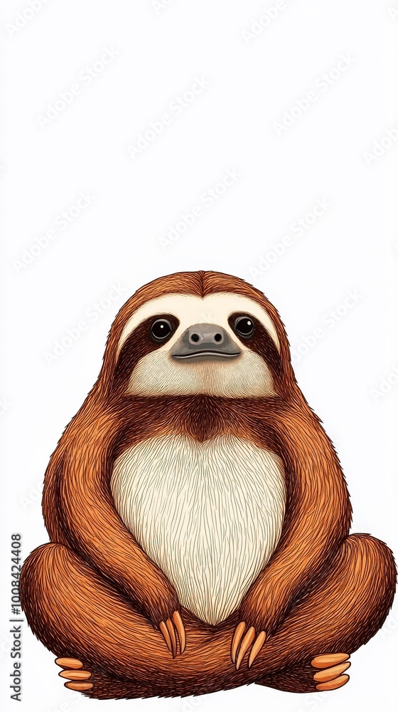 Fototapeta premium Cute cartoon sloth with a playful expression, sitting and relaxing on a white background.
