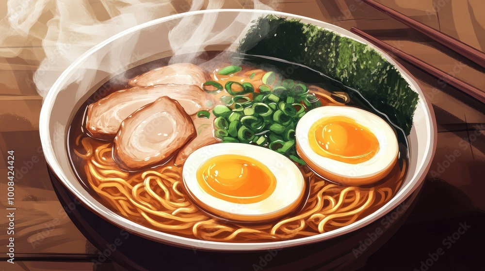 Traditional ramen bowl with chashu pork, seasoned eggs, and seaweed in a steaming hot broth. Traditional ramen bowl with chashu pork, seasoned eggs, and seaweed in a steaming hot broth.