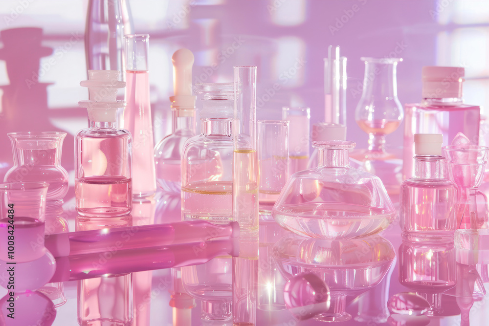 Pink Laboratory Equipment and Glassware on Reflective Surface Pink Laboratory Equipment and Glassware on Reflective Surface