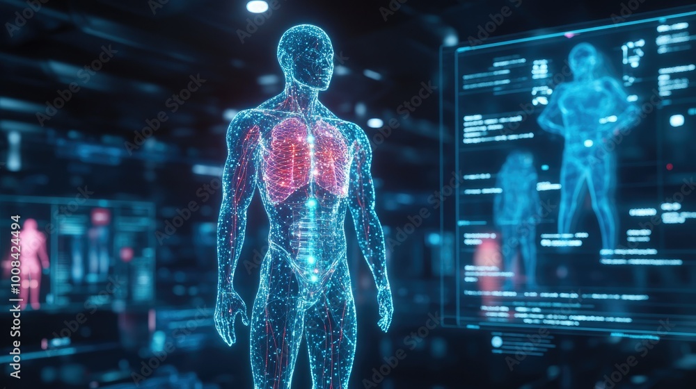 Transparent digital body model with a health interface showing scientific data for medical diagnostics. Transparent digital body model with a health interface showing scientific data for medical diagnostics.