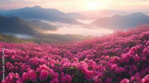 A peaceful morning at Hwangmaesan Mountain, with vibrant pink azaleas in the foreground and sunlight illuminating a foggy mountain range in the distance.