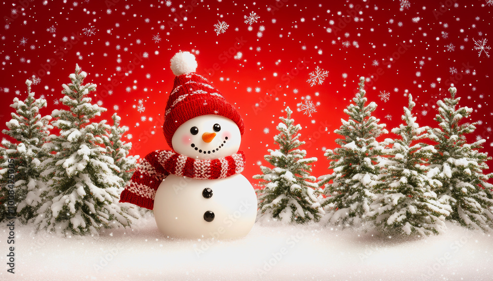 Snowman in a festive winter landscape with trees and snowflakes Snowman in a festive winter landscape with trees and snowflakes