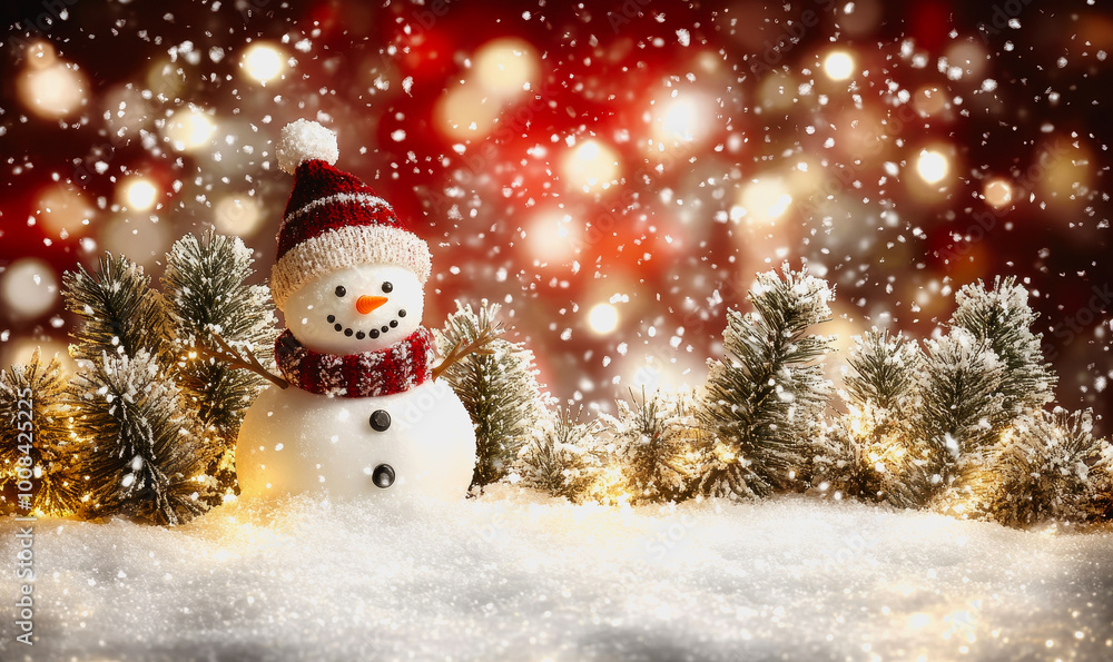 Obraz premium Snowman in a festive winter landscape with trees and snowflakes