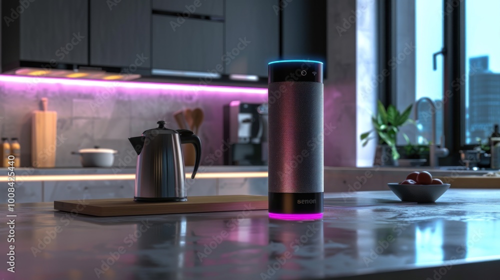 A sleek AI-powered home assistant device on a modern kitchen counter, with a subtle glowing interface A sleek AI-powered home assistant device on a modern kitchen counter, with a subtle glowing interface