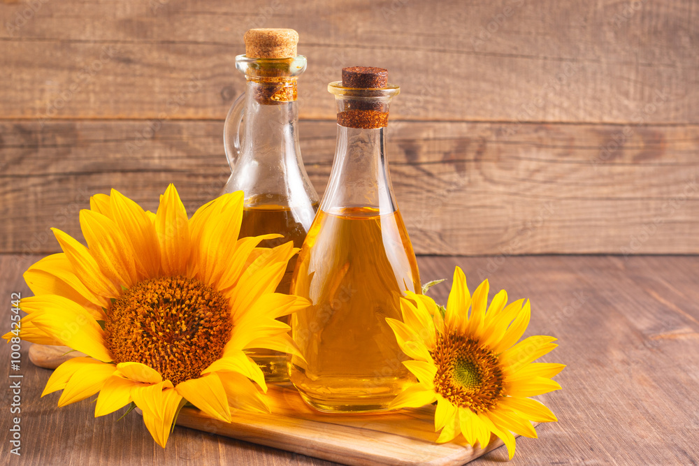 Closeup photo of sunflower oil with seeds on wooden background. Bio and organic product concept. Closeup photo of sunflower oil with seeds on wooden background. Bio and organic product concept.