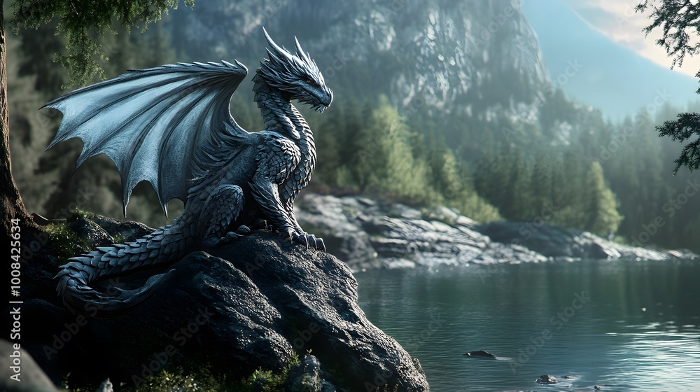A majestic silver dragon perched by a serene lakeside landscape. A majestic silver dragon perched by a serene lakeside landscape.