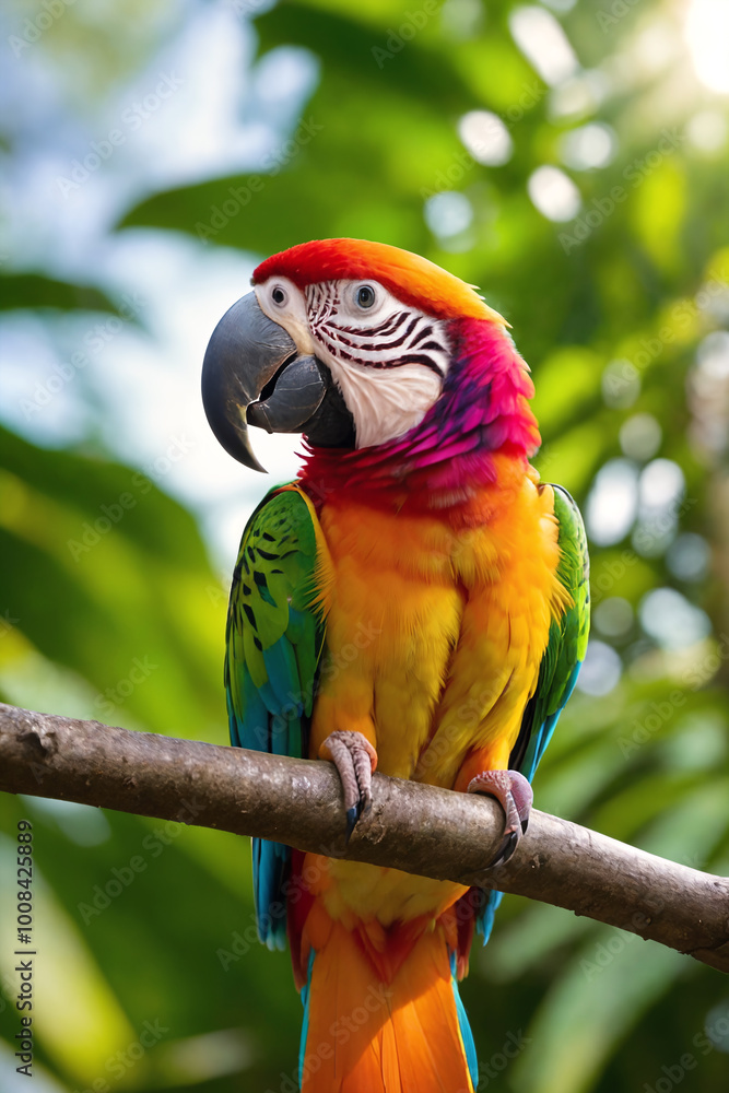 Colorful tropical ara parrot in jungle on a sunny day. Rainforest illustration with bright beautiful macaw among exotic plants with big leaves. Background with pristine nature landscape. Colorful tropical ara parrot in jungle on a sunny day. Rainforest illustration with bright beautiful macaw among exotic plants with big leaves. Background with pristine nature landscape.