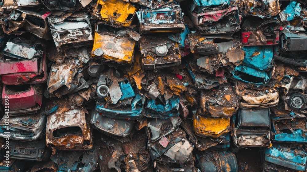 A chaotic stack of crushed cars in a junkyard, showcasing industrial waste and recycling. A chaotic stack of crushed cars in a junkyard, showcasing industrial waste and recycling.