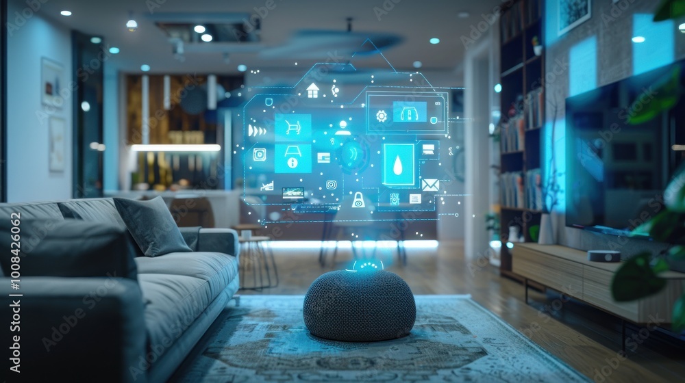 A smart home setup with AI technology controlling various devices and appliances from a central hub A smart home setup with AI technology controlling various devices and appliances from a central hub