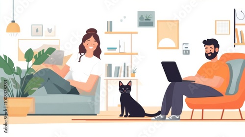 Cozy Home Workspace with Cat and Couple Relaxing