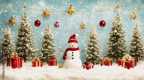 Whimsical winter holiday scene with trees, snowman, ornaments, and gifts