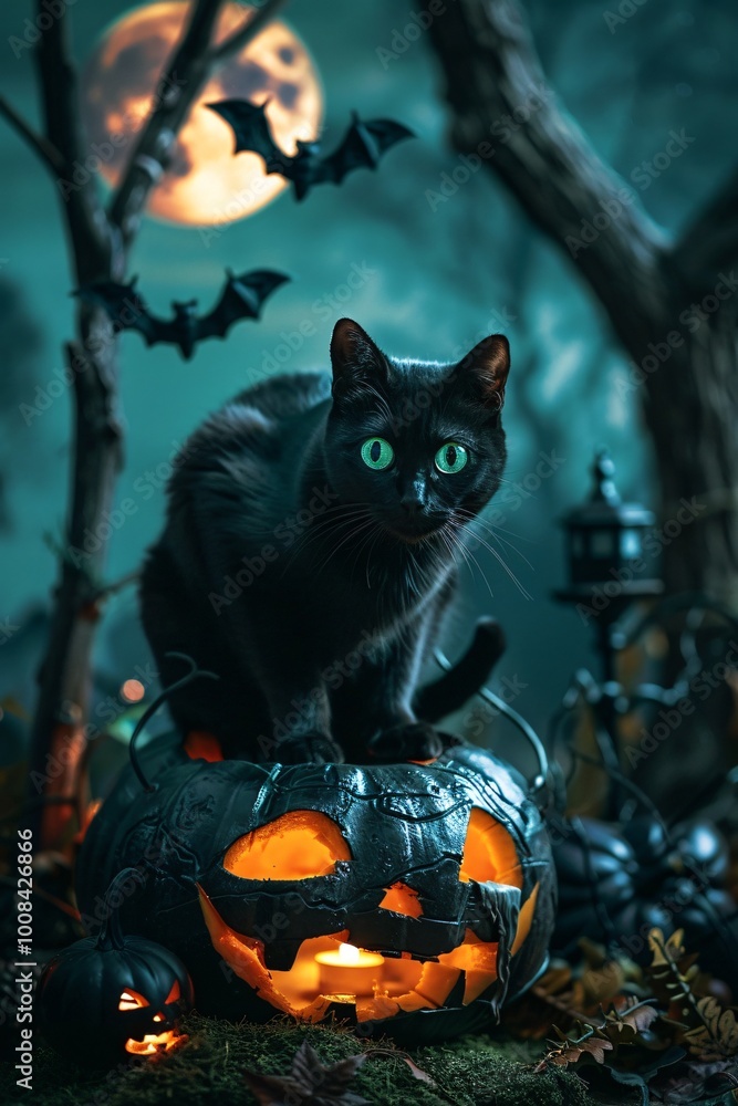 Black Cat on Jack-O'-Lantern with Full Moon Background Black Cat on Jack-O'-Lantern with Full Moon Background