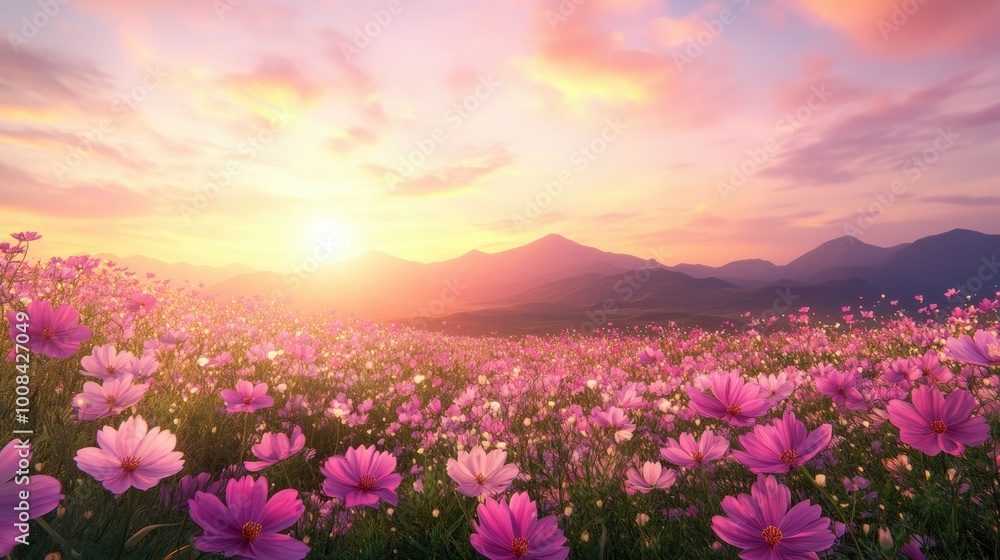 A serene cosmos flower field stretching towards distant mountains at sunset, the sky ablaze with golden and pink hues reflecting off the petals. A serene cosmos flower field stretching towards distant mountains at sunset, the sky ablaze with golden and pink hues reflecting off the petals.