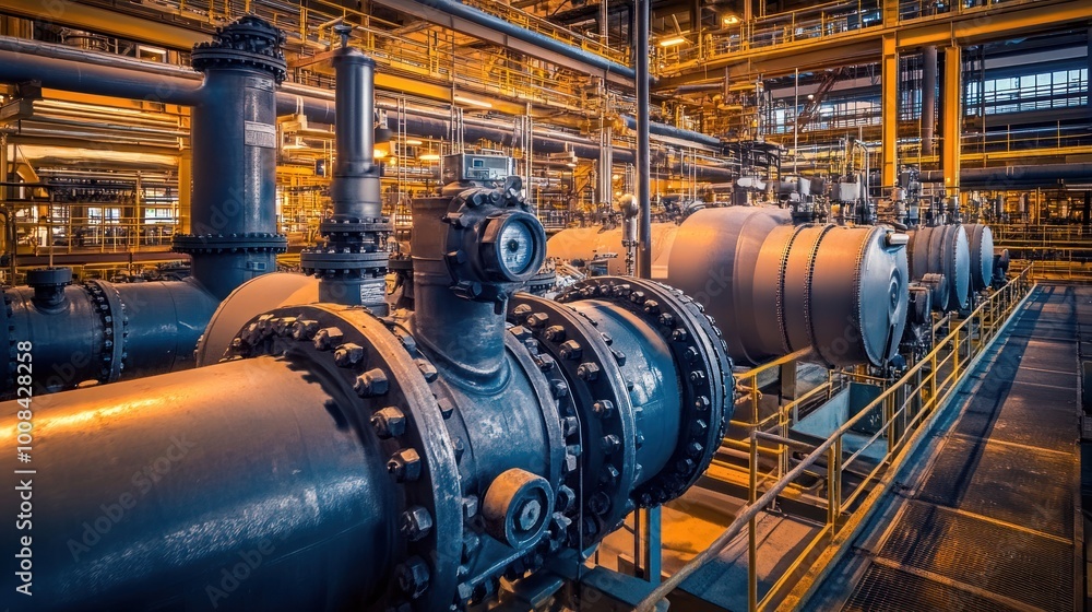 Industrial facility featuring large pipes and valves in a complex system. Industrial facility featuring large pipes and valves in a complex system.