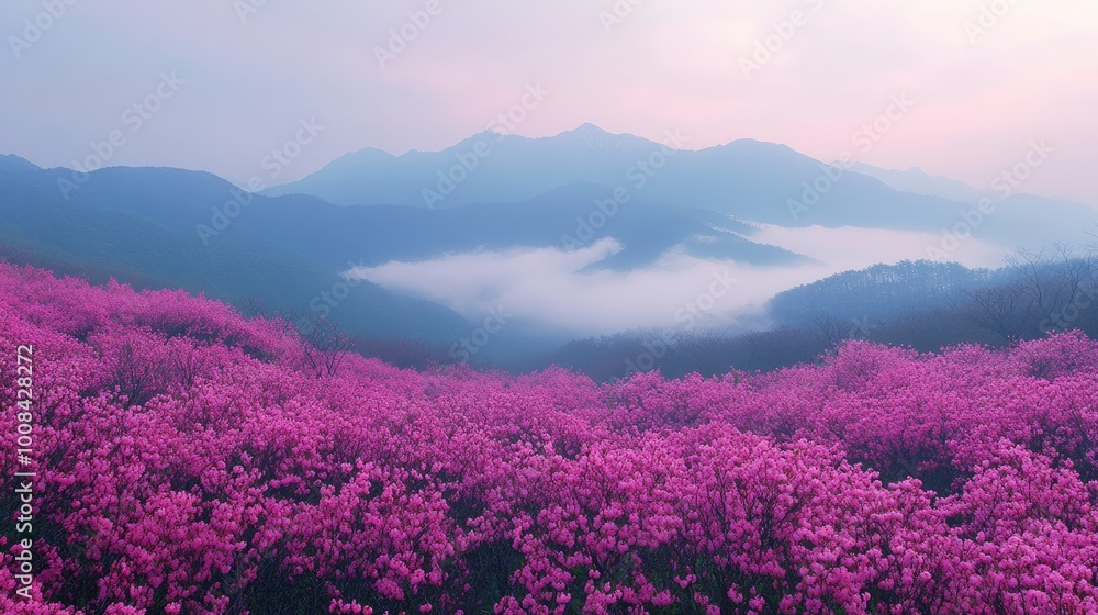 A springtime landscape of pink azaleas at Hwangmaesan Mountain, bathed in soft morning light, with the foggy mountain range in the distance near Hapcheon-gun, South Korea. A springtime landscape of pink azaleas at Hwangmaesan Mountain, bathed in soft morning light, with the foggy mountain range in the distance near Hapcheon-gun, South Korea.