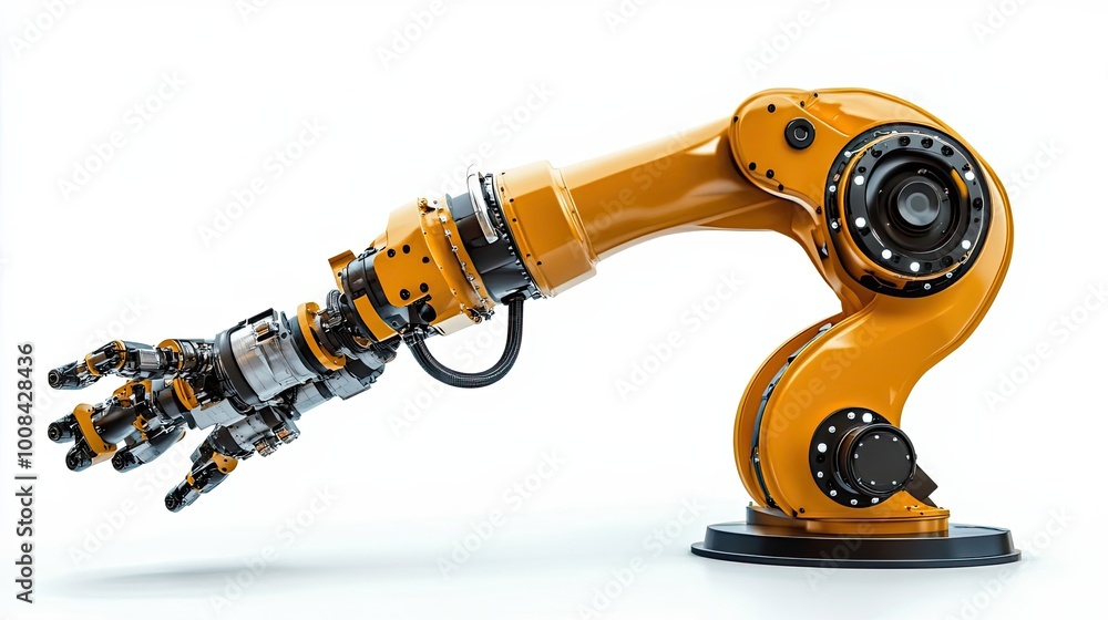 A yellow robotic arm with a multi-jointed hand reaching out A yellow robotic arm with a multi-jointed hand reaching out