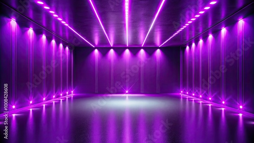 An empty room features a striking purple background adorned with neon glows and spotlights, fostering a perfect atmosphere for creative projects and artistic endeavors.