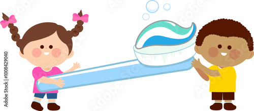 Two children using dental hygiene objects, a toothbrush and toothpaste. Kids at the dentist brushing teeth. Oral health care for boy and girl. Vector illustration