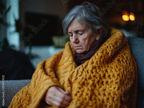 Elderly Woman in Sweater Wrap, Deeply Contemplative photo