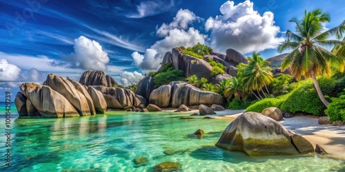 Anse Source D'Argent Beach on La Digue Island, Seychelles showcases breathtaking turquoise waters and iconic granite rock formations, creating a paradise for beach lovers.