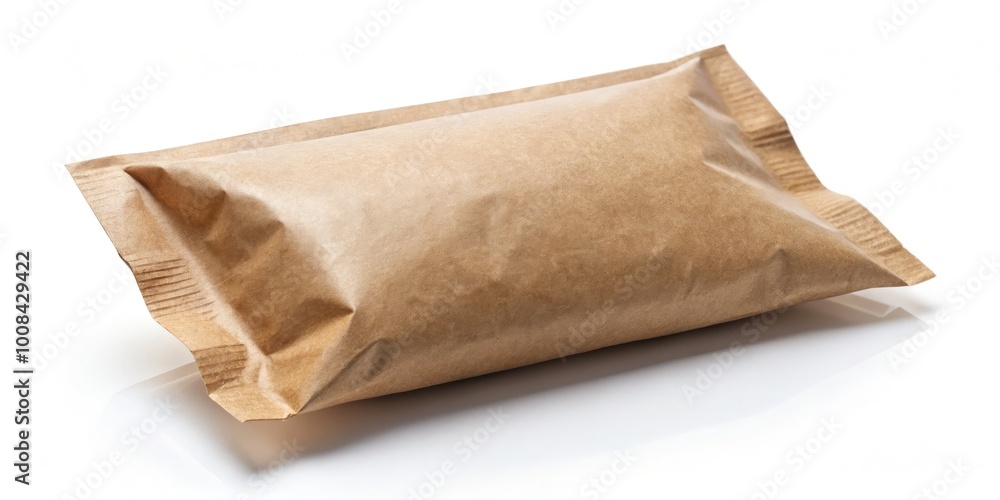 An unmarked brown paper sachet isolated on a white backdrop, ideal for packaging and label design applications, offering a natural, versatile aesthetic for various products. An unmarked brown paper sachet isolated on a white backdrop, ideal for packaging and label design applications, offering a natural, versatile aesthetic for various products.